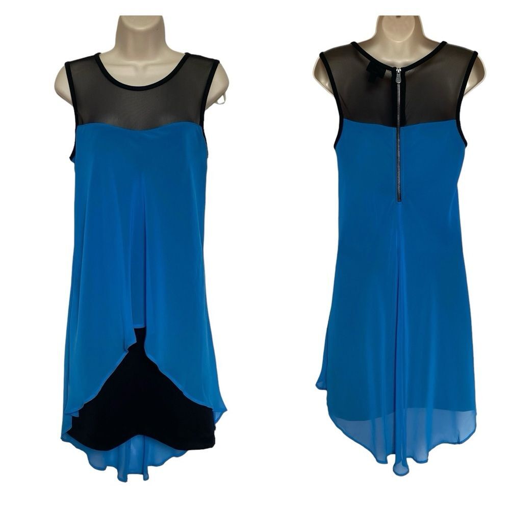 Nicole Miller Sheer Mesh Chiffon Overlay Exposed Back Zip Dress Black Blue Sz S
